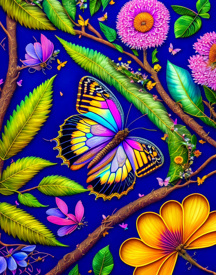 Colorful butterfly on lush foliage with flowers and leaves on deep blue background