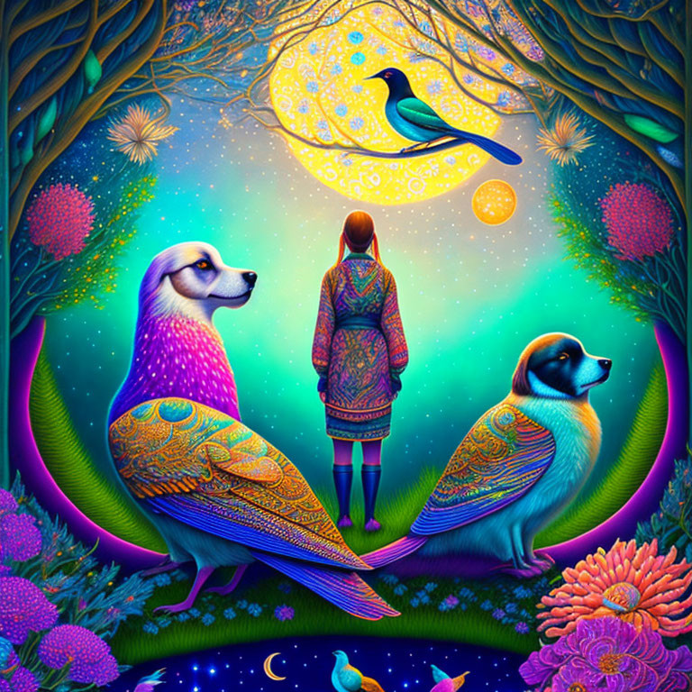 Colorful Forest Scene with Peacocks, Crow, and Starry Sky
