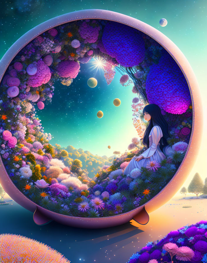 Person sitting in circular portal overlooking fantasy landscape with floral formations and floating orbs