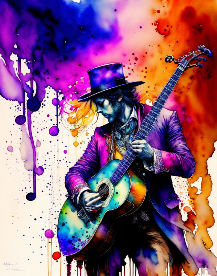 Colorful watercolor illustration: Stylish person in top hat playing guitar amid vivid ink splatters