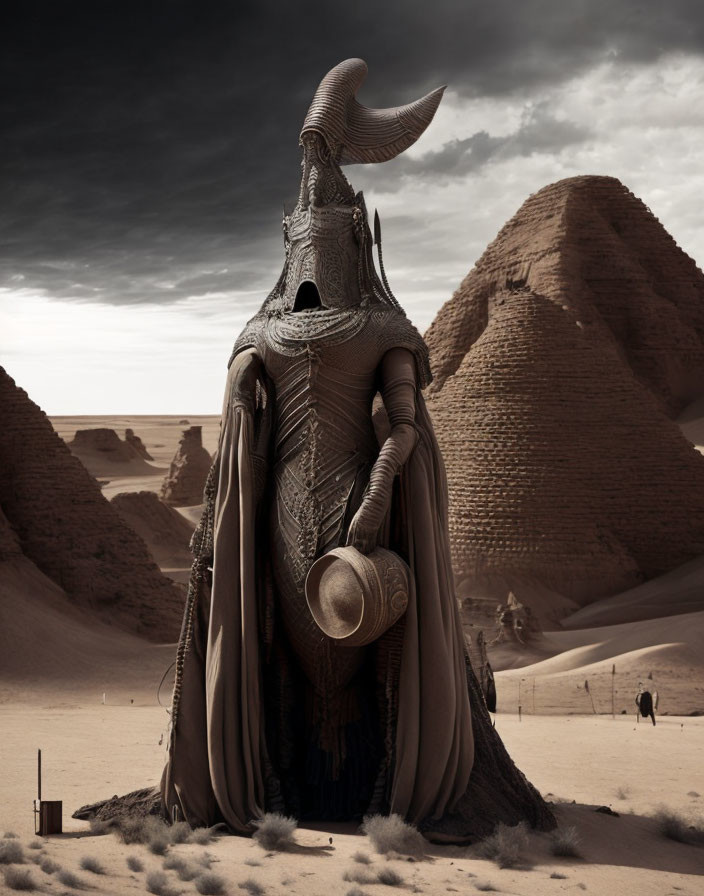 Armored figure with horned helmet in desert landscape with pyramids and cloudy sky