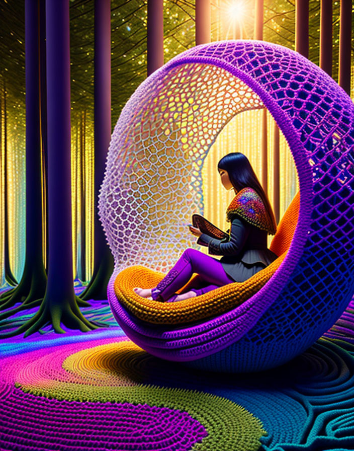 Woman reading in egg chair in neon-lit enchanted forest