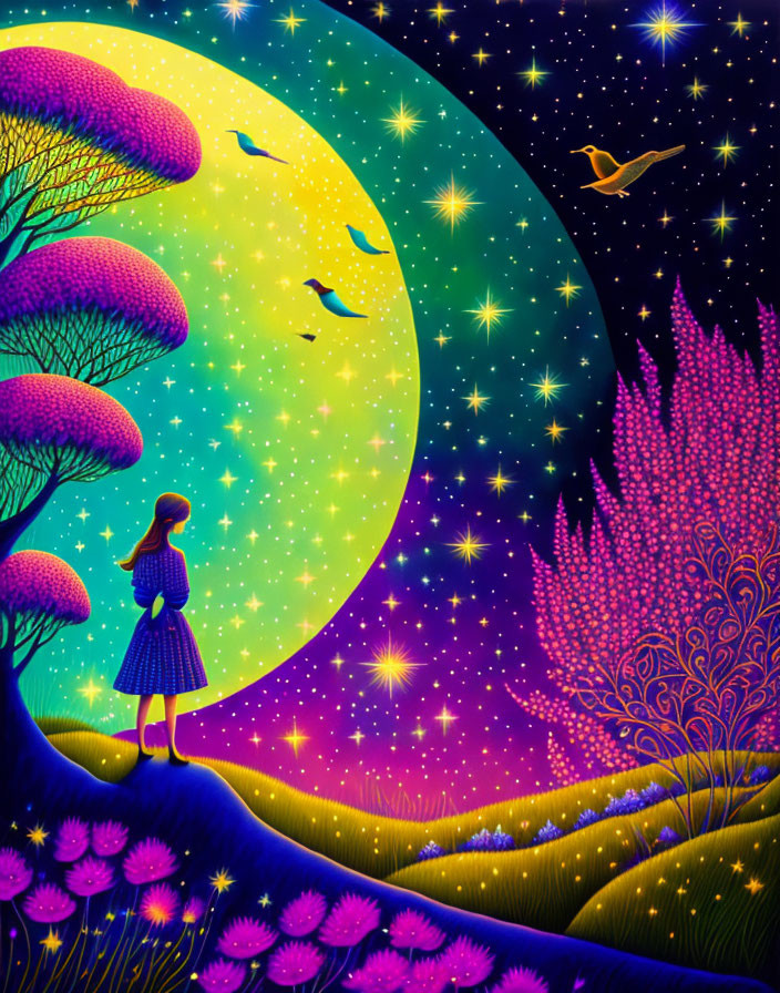 Illustration of girl under crescent moon in starry sky with colorful nature.
