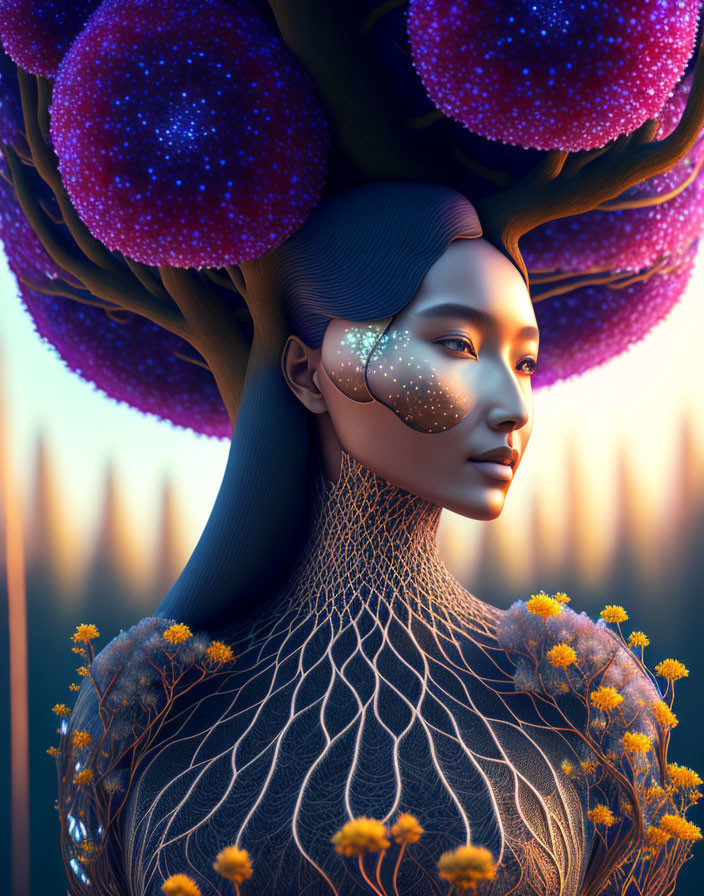Digital artwork of woman with tree-like hair structure and glowing patterned skin