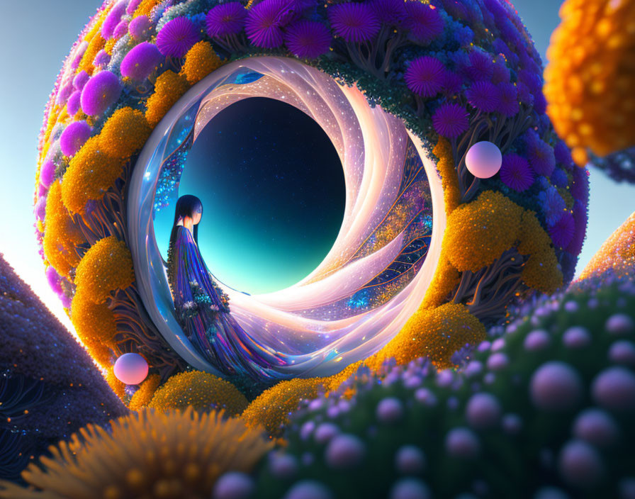Surreal circular portal with vibrant flora under twilight sky