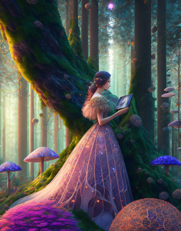 Detailed Woman in Ethereal Gown Reading Book in Mystical Forest