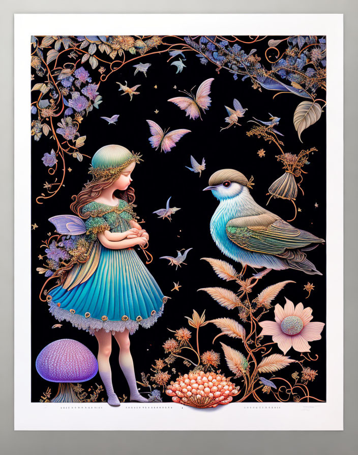 Fantastical illustration of girl with fairy wings and bird in lush flora on dark background