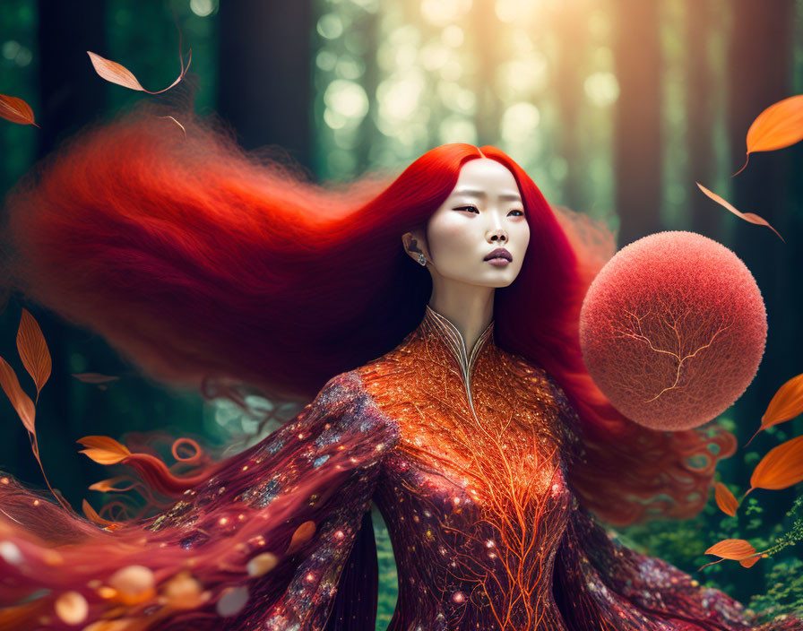 Vibrant red-haired woman in ornate attire in surreal forest with floating orange foliage