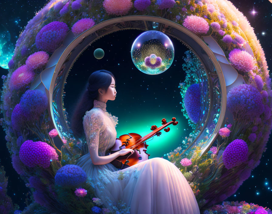 Woman playing violin in floral crescent with floating orbs & starry sky backdrop
