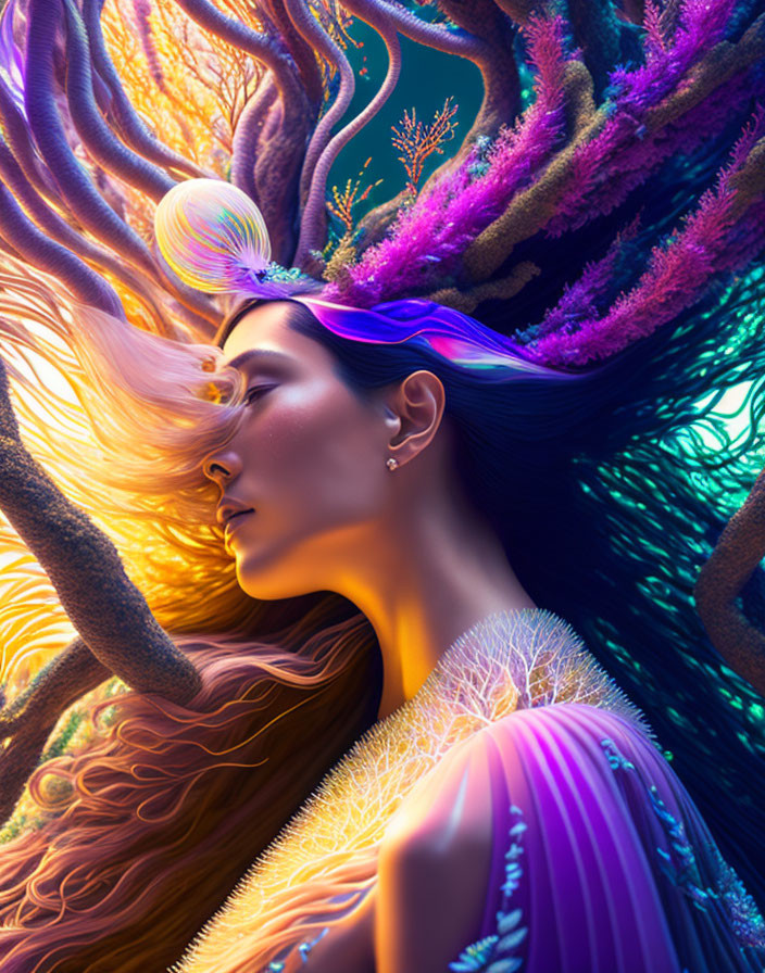 Surreal portrait featuring woman with coral-like elements