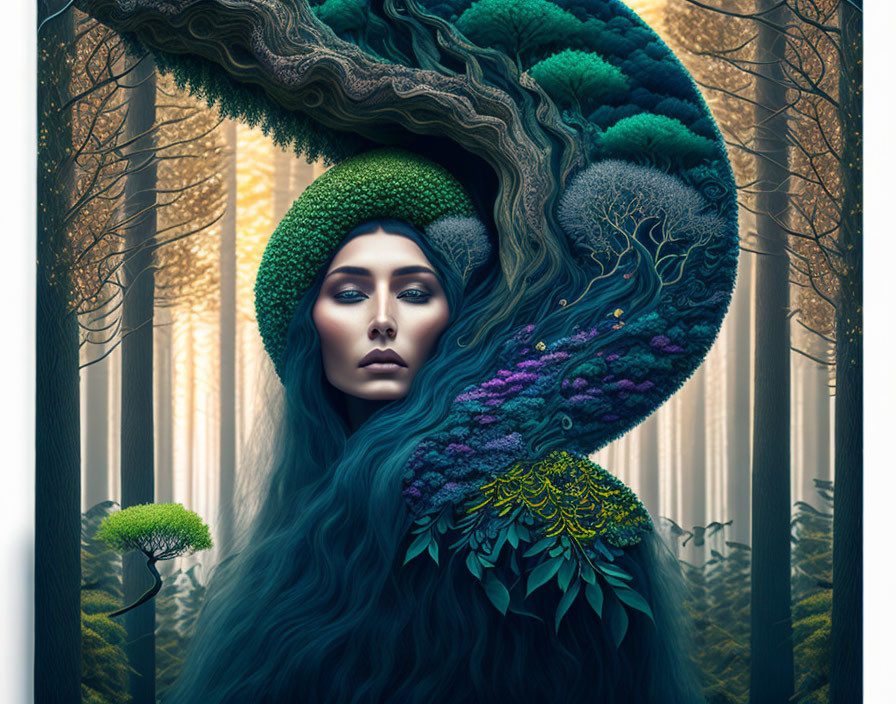 Woman's portrait blending with forest landscape in surreal artwork