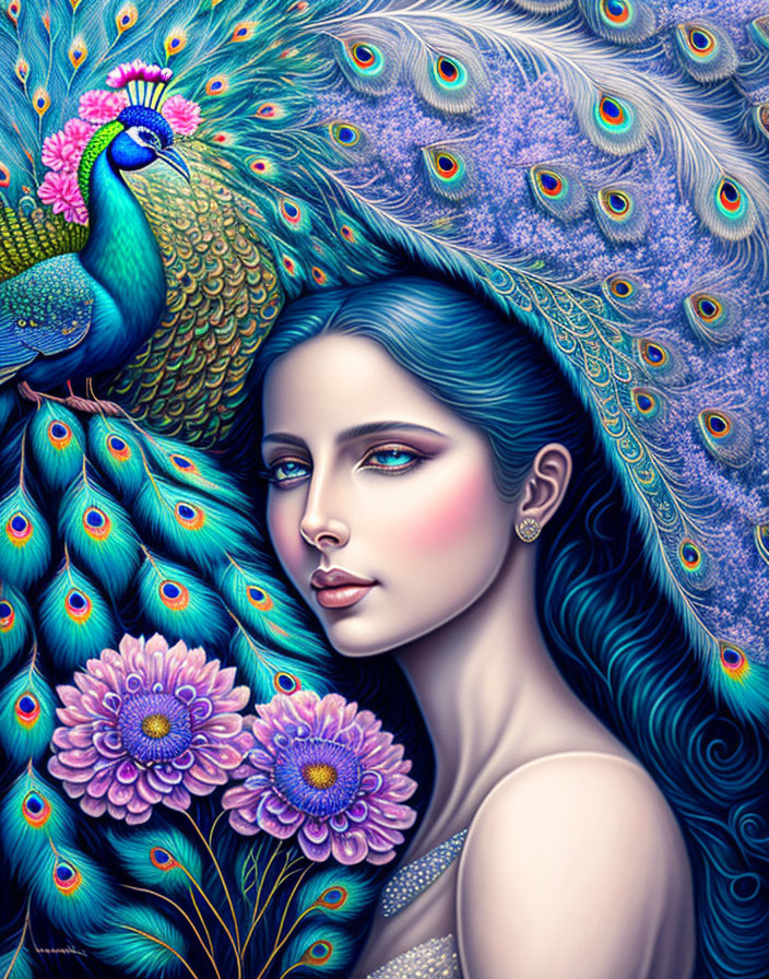 Colorful illustration of woman with blue hair, peacock, and pink flowers.