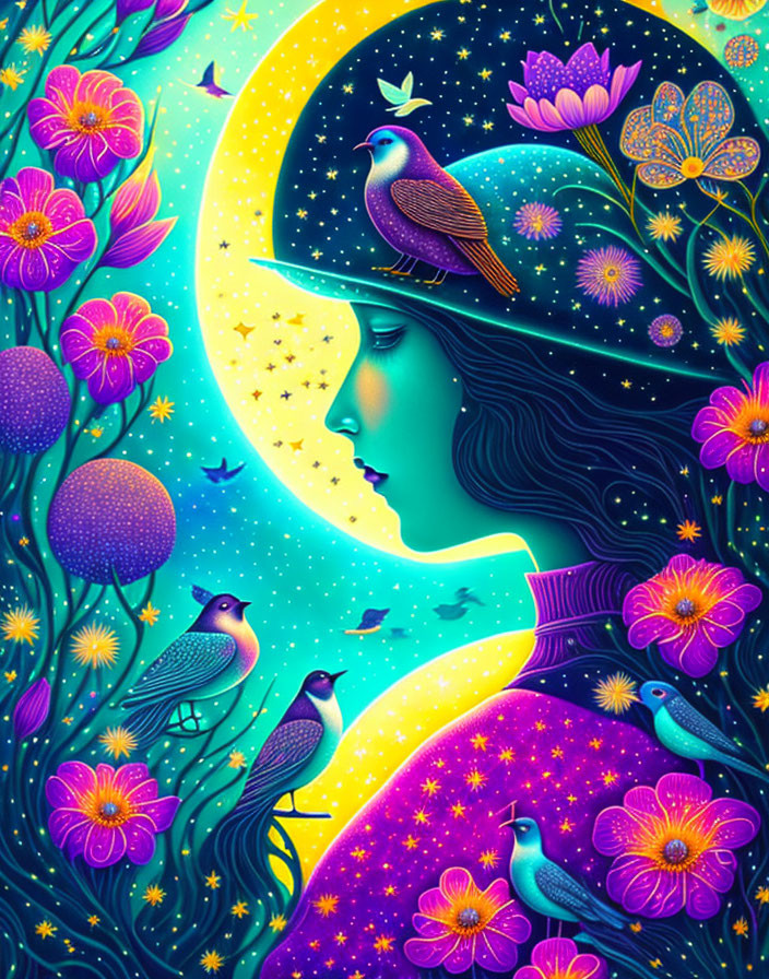Vibrant profile illustration with night sky theme and floral elements