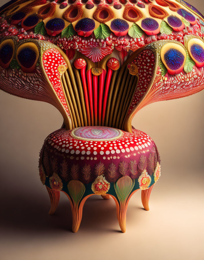 Colorful Ornate Mushroom with Intricate Patterns on Textured Base