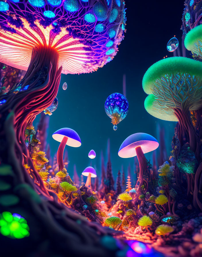 Surreal neon landscape with fantastical mushrooms and jellyfish-like flora