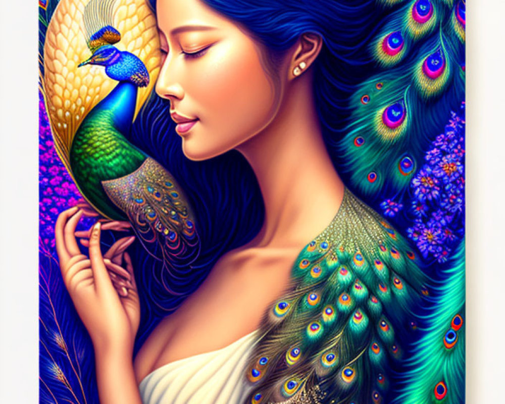 Woman with Peacock-Inspired Plumage in Vivid Blue and Green Hues