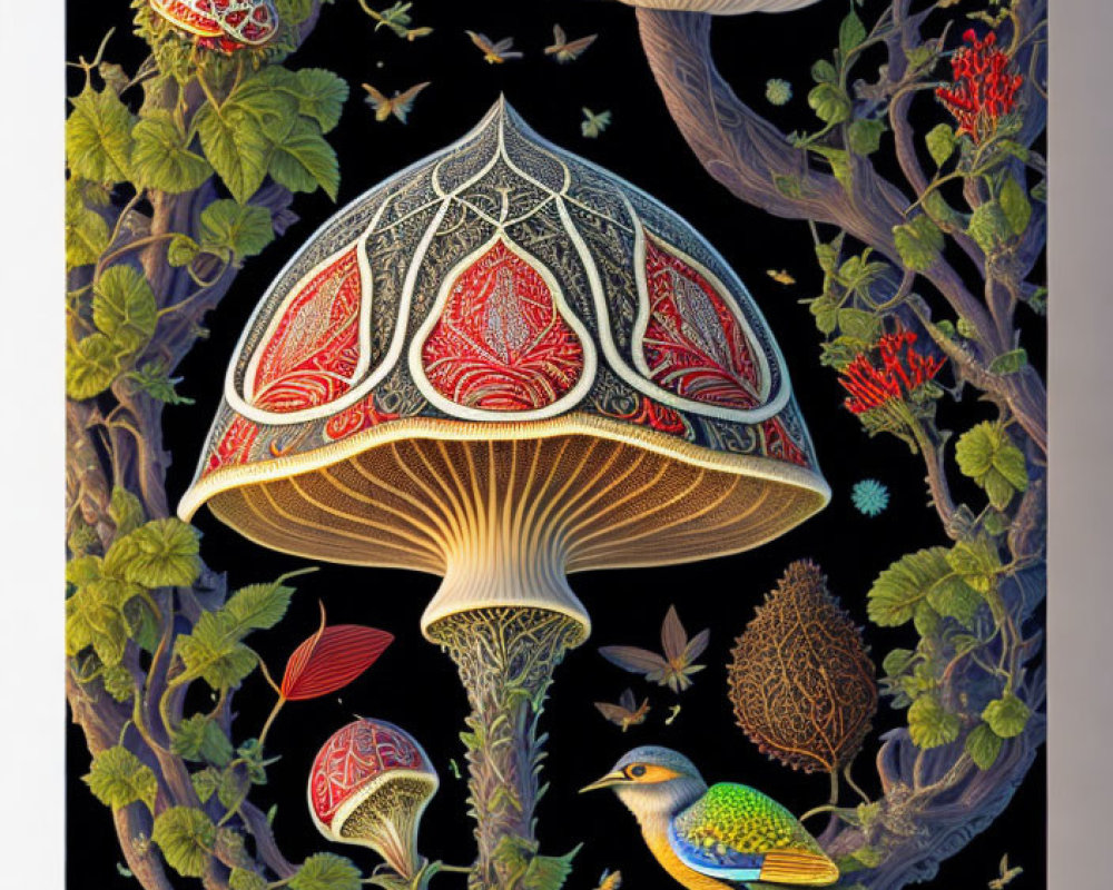 Colorful bird and stylized mushrooms in intricate artwork on black background