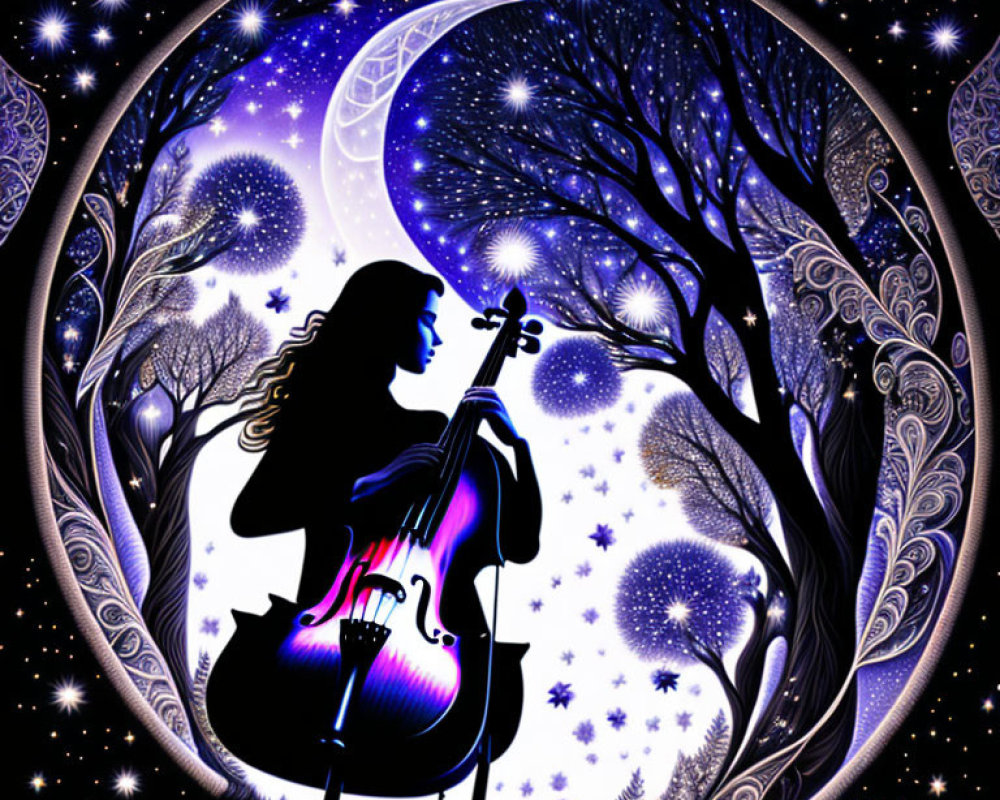 Silhouette of woman playing cello under starry sky with celestial bodies and glow effects