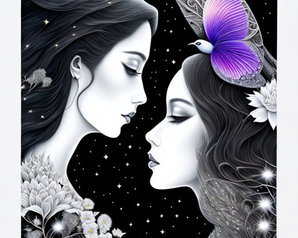 Illustration of two women with flowing hair, flowers, butterfly, and hummingbird against starry backdrop