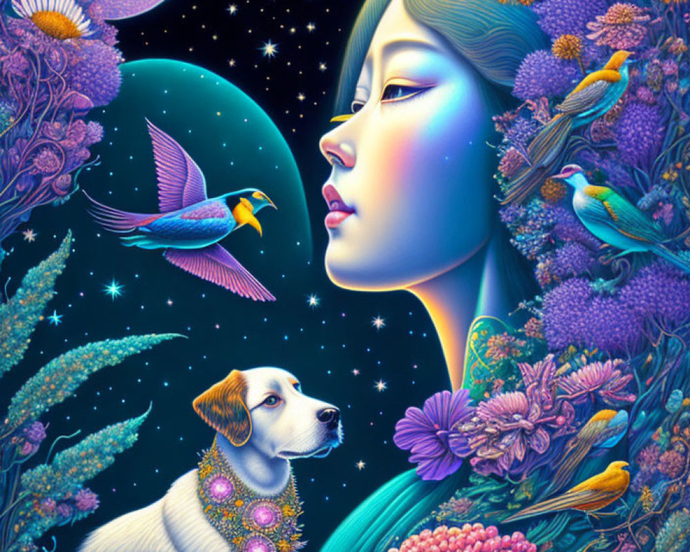 Woman with cosmic aura surrounded by flowers, birds, and dog under moonlit sky