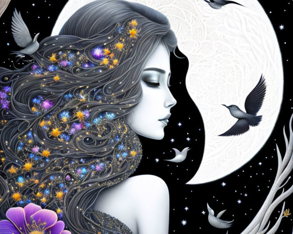 Woman with starry hair, birds, branches, flowers under moonlit night sky