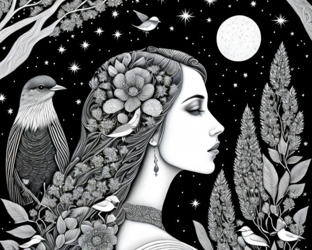 Detailed Monochrome Portrait of Woman with Floral Hair and Bird in Starry Night Background