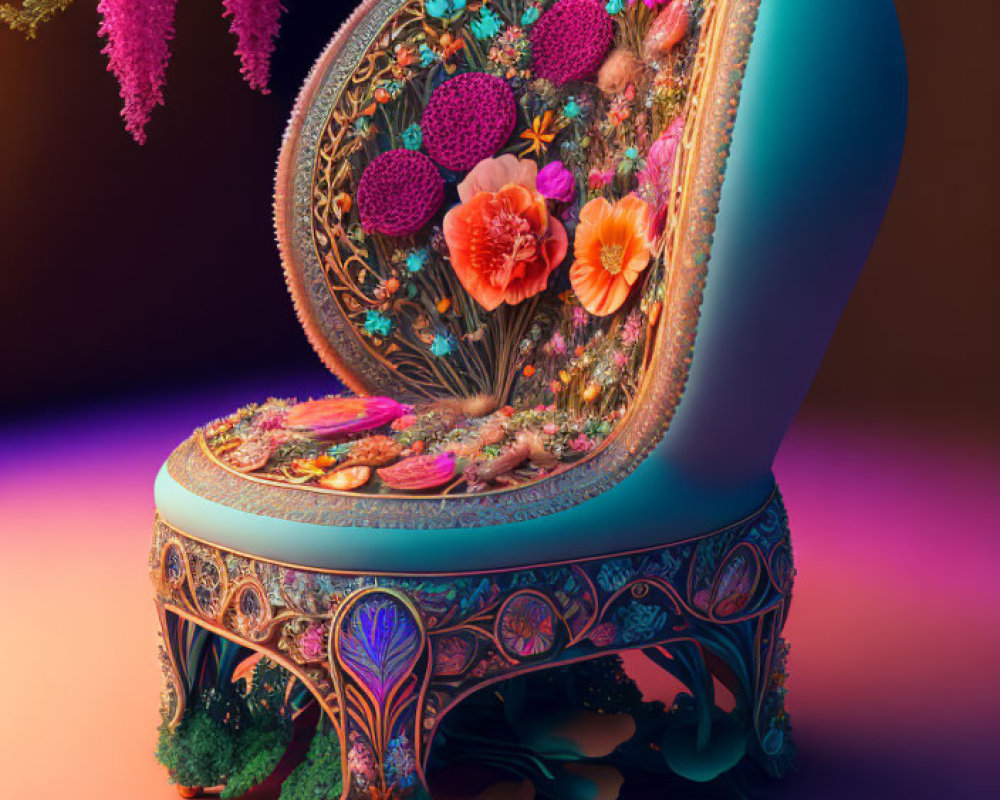 Intricately designed chair with vibrant floral patterns and embroidery on moody backdrop