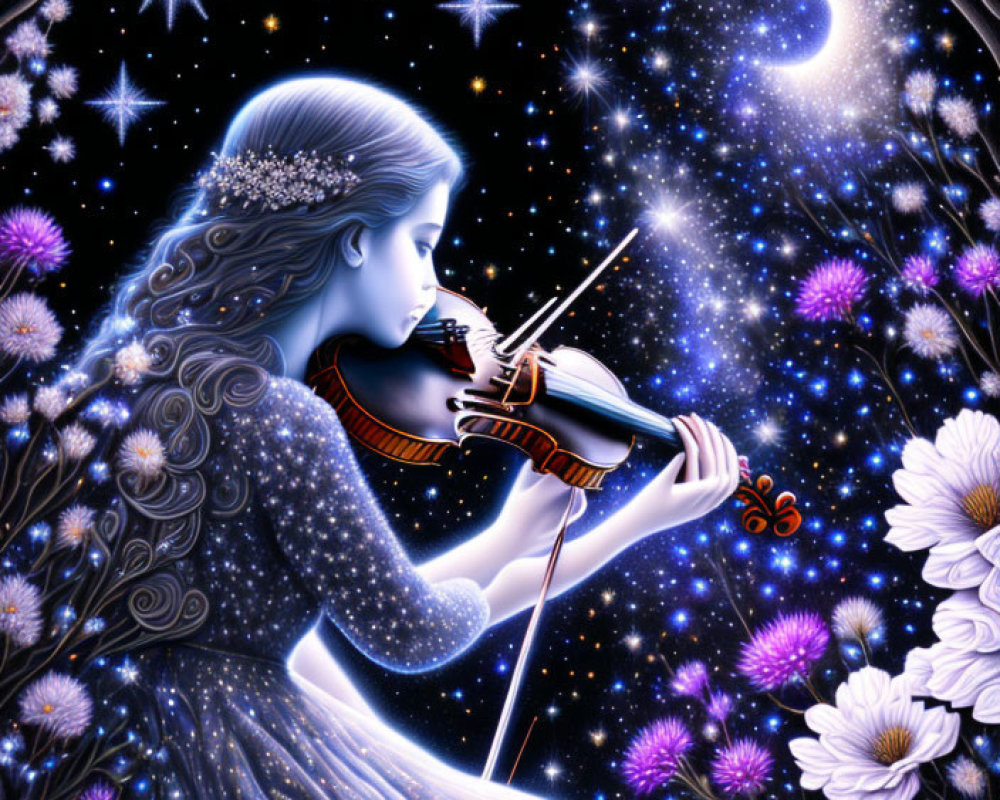 Woman playing violin under starry sky with crescent moon and floral border