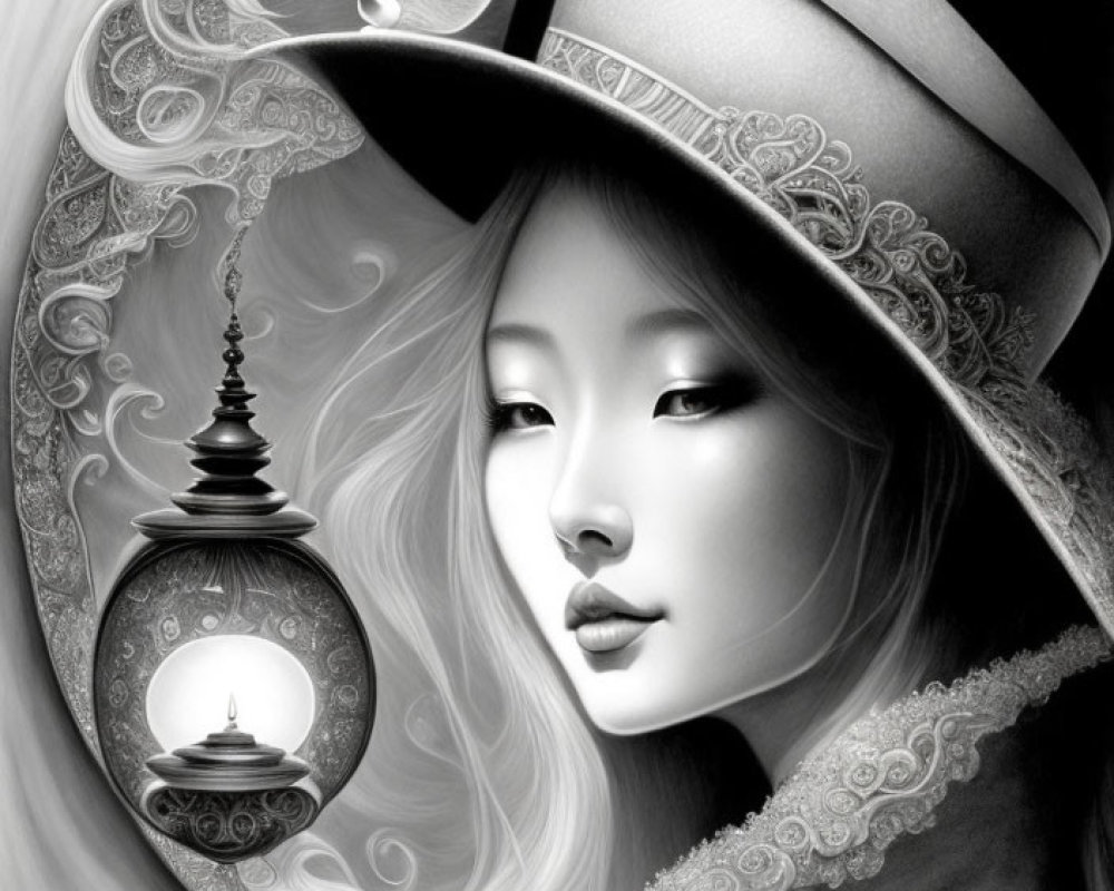 Monochrome illustration of woman with large-brimmed hat and lantern, featuring intricate patterns and a fairy