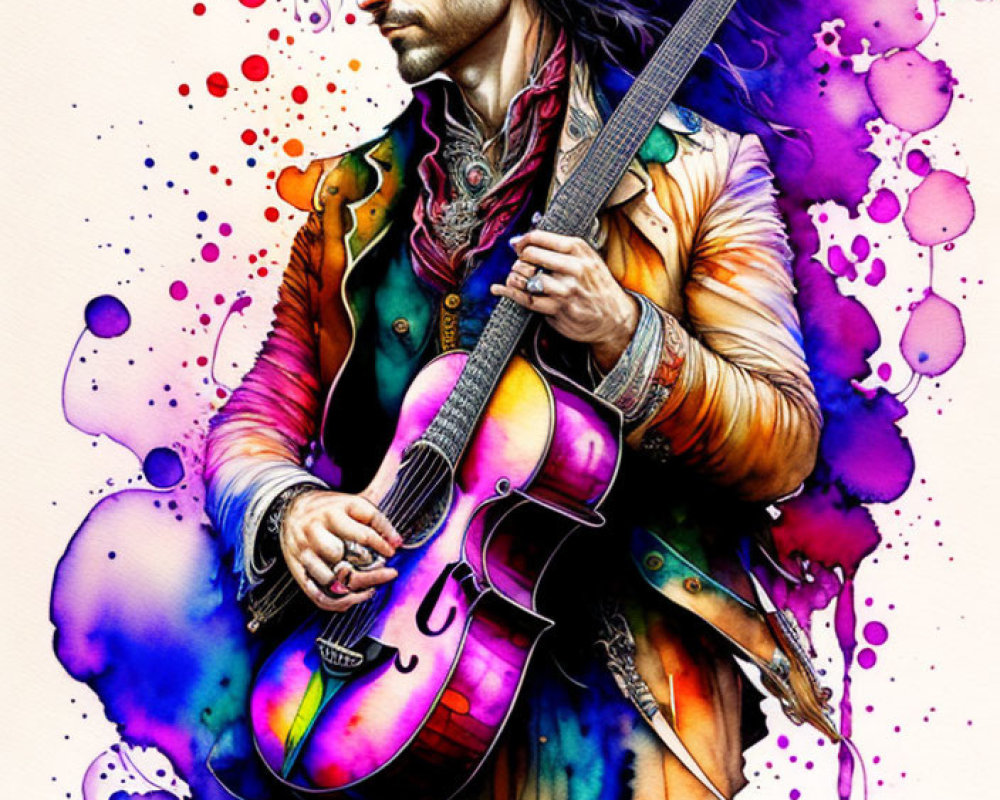 Colorful Ink Splashes Surround Man Playing Purple Guitar