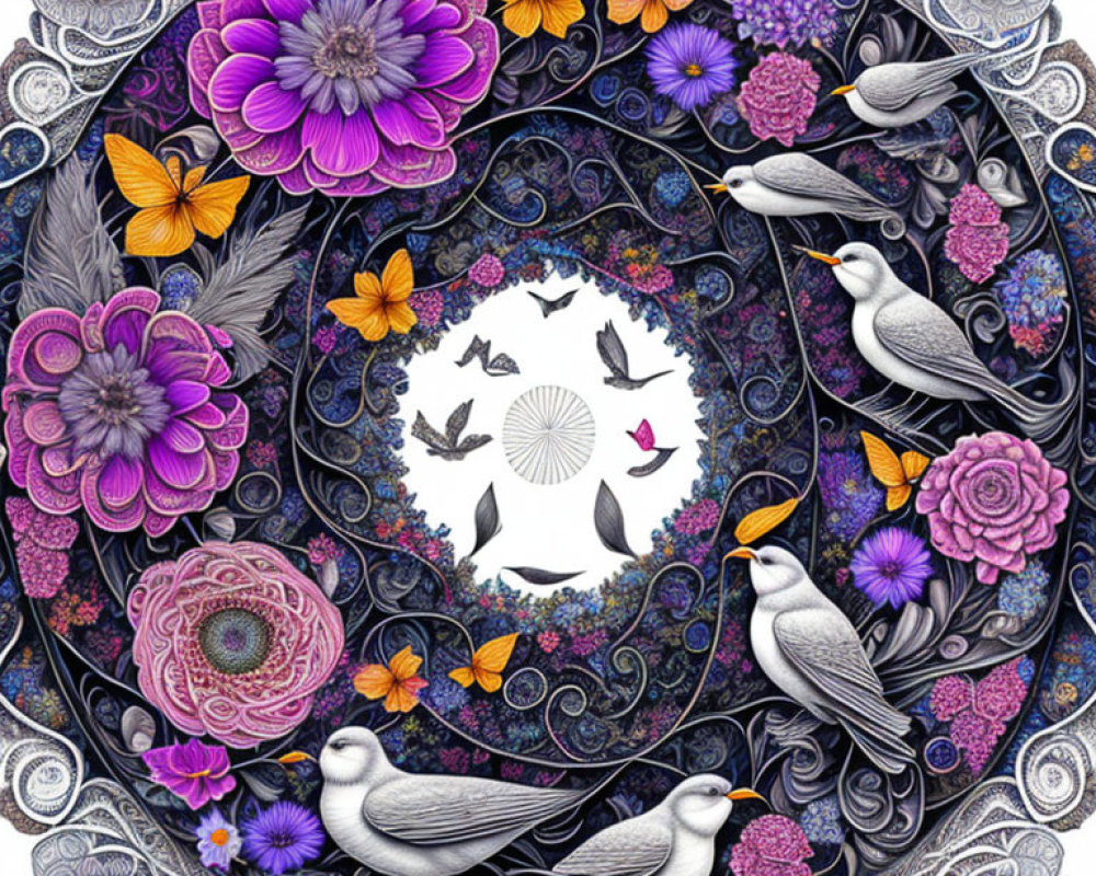 Circular purple mandala with flowers, birds, and butterflies in ornate design