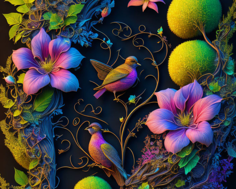 Colorful digital artwork: whimsical flora, fauna, birds, flowers, ornate swirls on