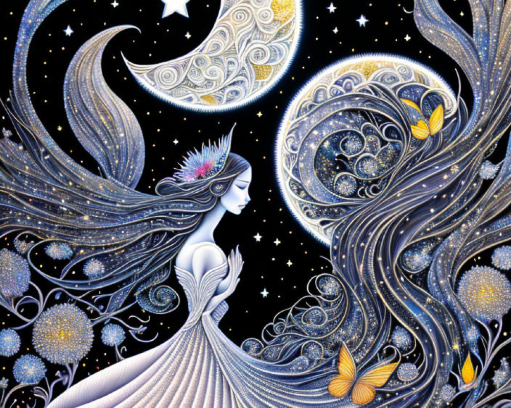 Stylized illustration of serene woman with cosmic elements and butterflies on dark background