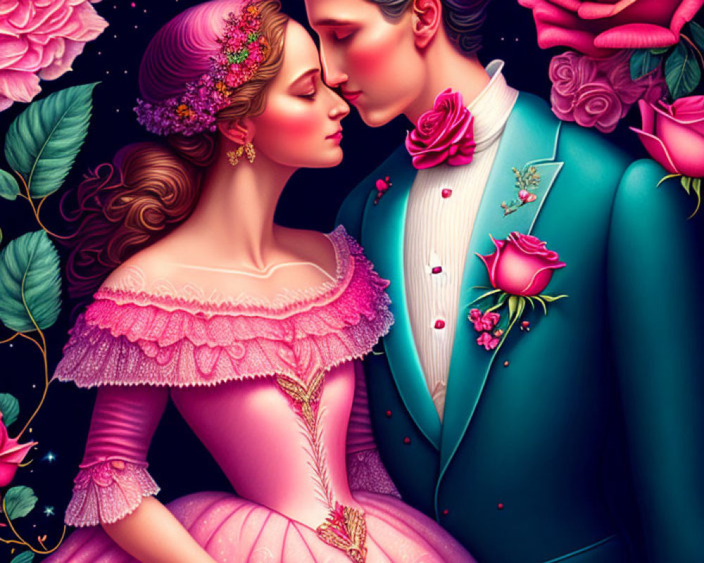 Romantic couple in vintage attire surrounded by vivid roses