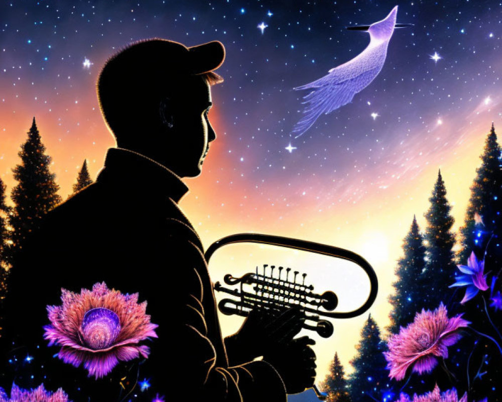 Silhouette of person with horn on cosmic background with stars, bird, and purple flowers