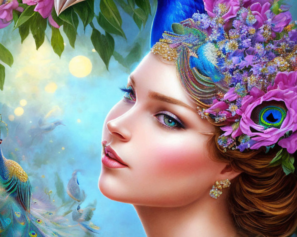 Woman wearing peacock headdress with flowers and jewel-toned colors next to vibrant blue peacock illustration