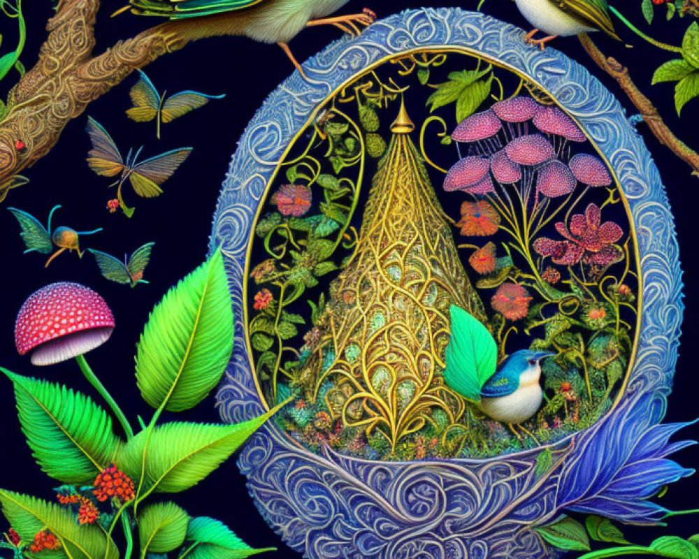 Intricate egg art with colorful birds and flora on dark background