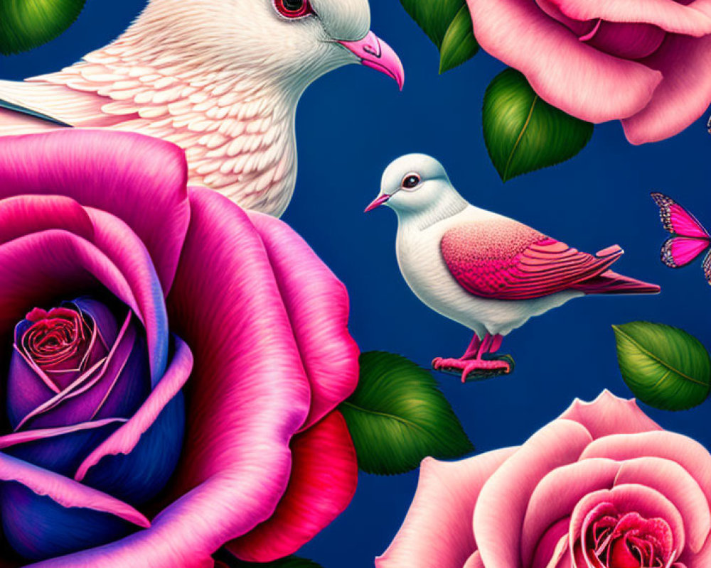 Realistic white dove on pink rose with butterflies in vivid illustration