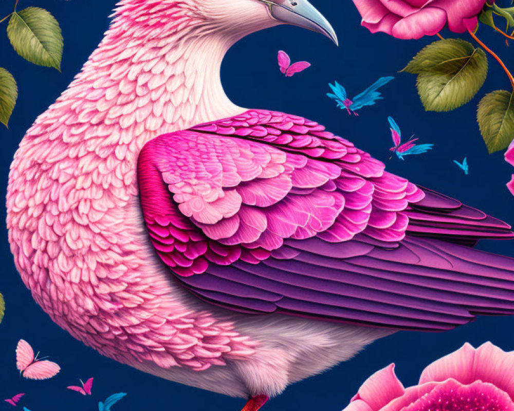 Colorful digital artwork featuring a pink-feathered bird among roses and butterflies