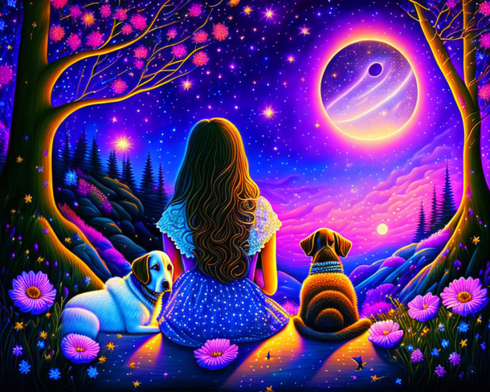 Girl with Dogs Under Starry Sky and Yin-Yang Symbol surrounded by Trees and Flowers