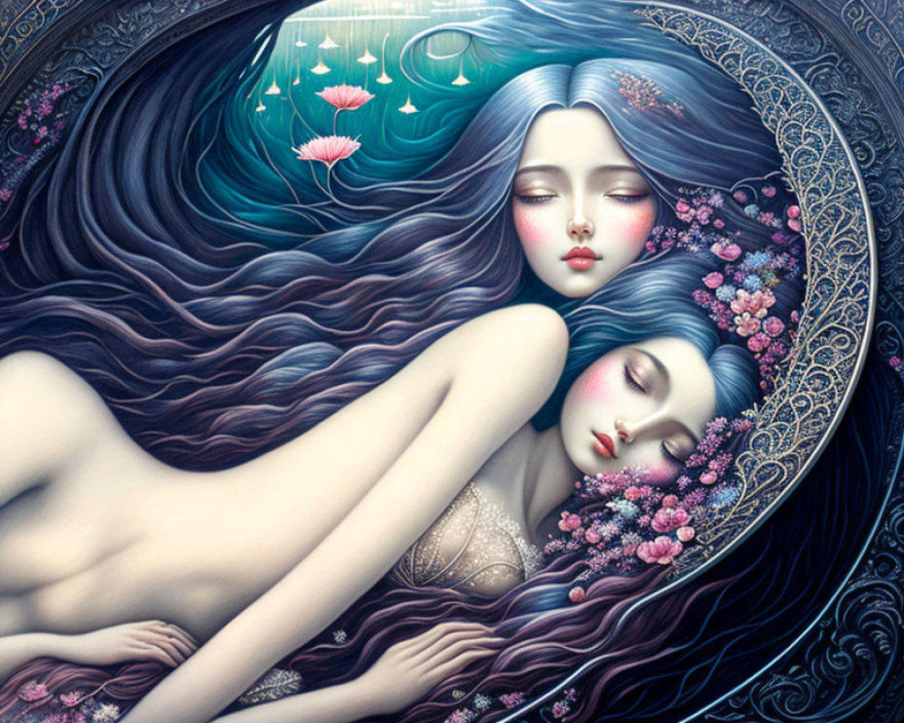 Ethereal women with flowing hair and floral adornments against crescent moon and stars