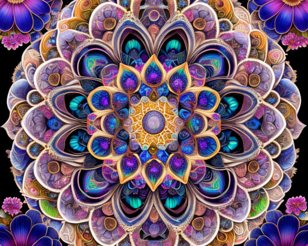 Symmetrical fractal image with intricate floral and geometric patterns