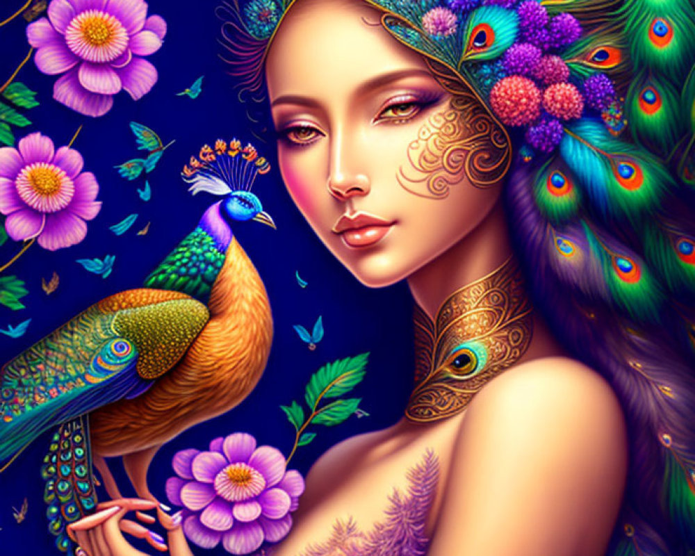 Woman with Peacock-Inspired Makeup and Feathers Surrounded by Lush Florals