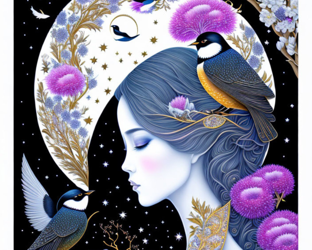 Illustration of woman with closed eyes, crescent moon, birds, and flowers on starry backdrop
