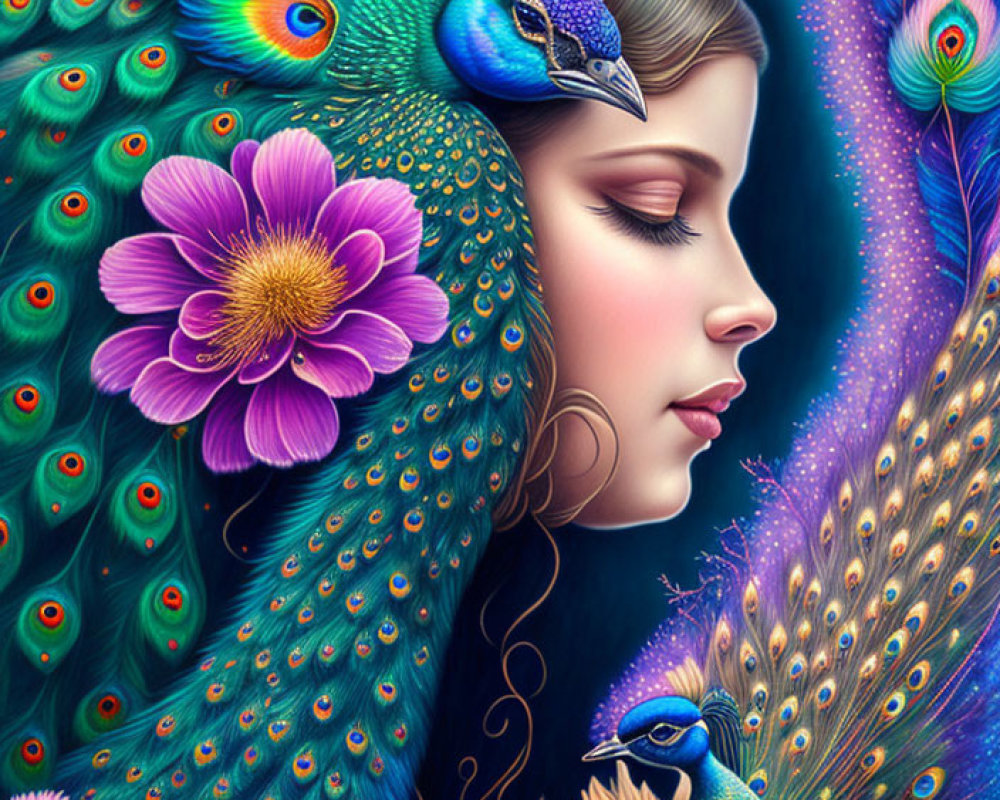 Colorful digital artwork: Woman's profile merges with peacock in rich blues, purples,