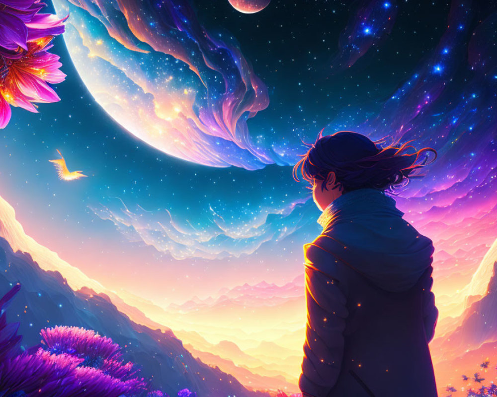 Person admiring vibrant celestial sky with swirling galaxies and large planet above surreal colorful landscape