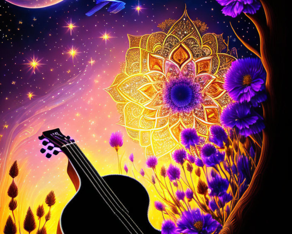 Colorful artwork showcasing guitar, mandala, flowers, bird, and celestial scene