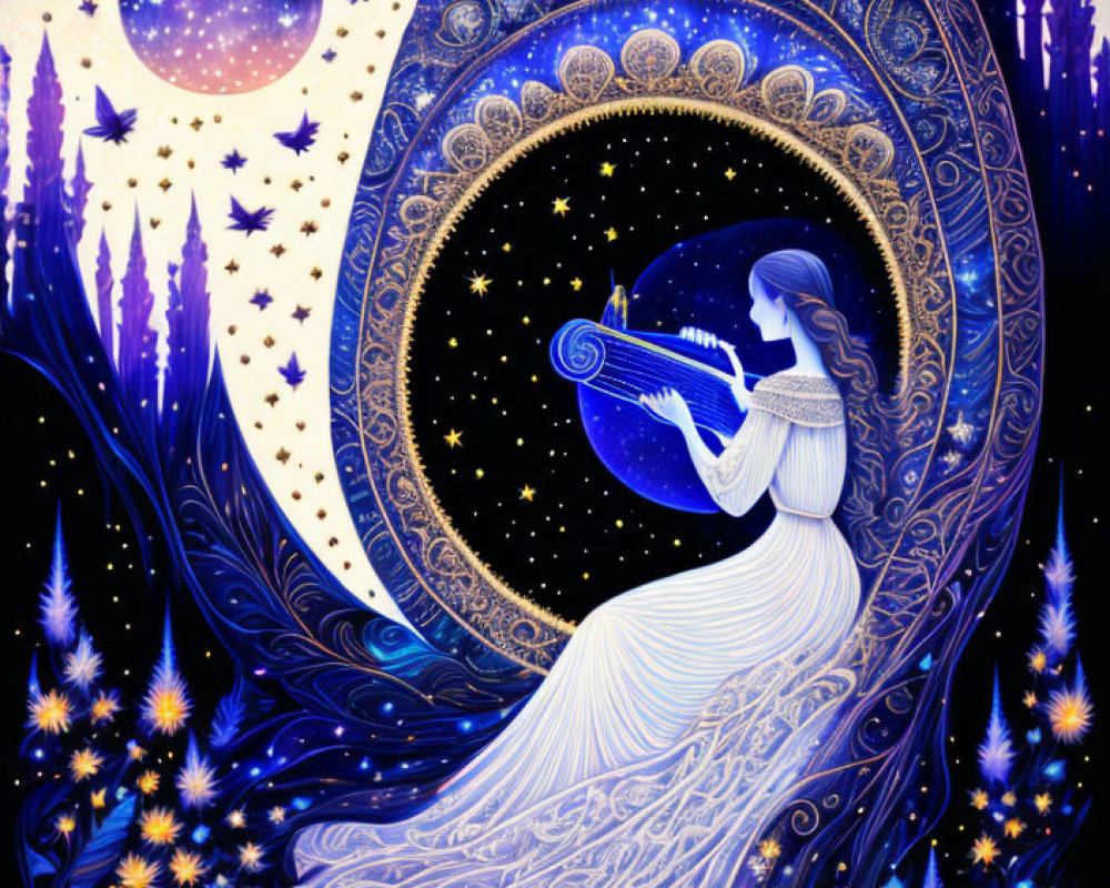 Ethereal woman with scroll in cosmic tapestry on starry backdrop