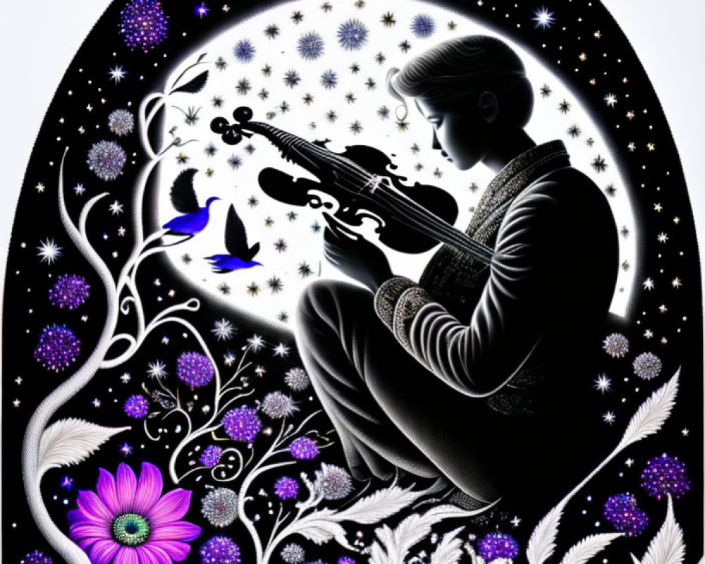 Silhouette playing violin with floral, bird, and star motifs in leaf border