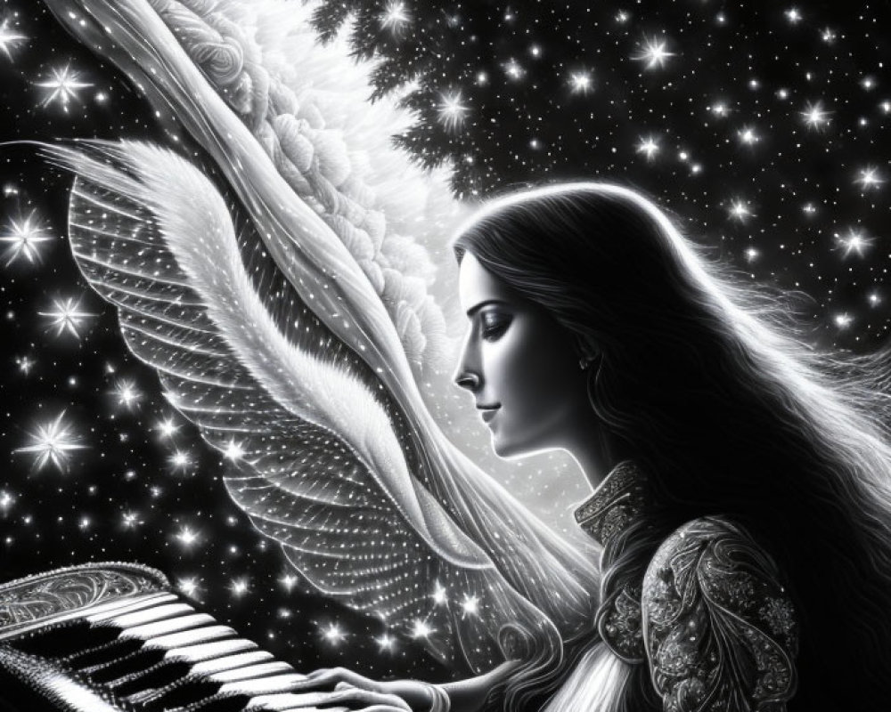 Winged female figure playing grand piano in cosmic setting